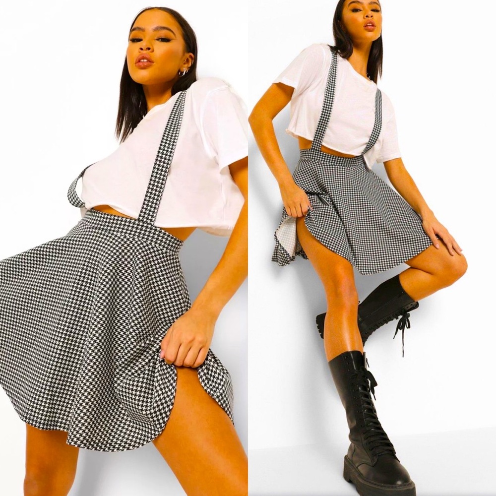 NWT Boohoo Houndstooth Check Pinafore Skater Skirt Black White (Women’s Size 6)